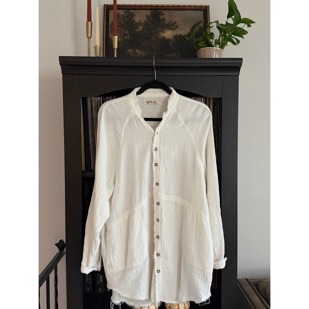 Free People We The Free Gauze Button Down Shirt Medium White Raw Hem Tunic